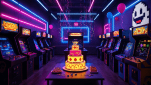 Epic Arcade Birthday Party: The Ultimate Guide to Gaming Celebration Awesomeness A hyperrealistic interior of a dimly lit arcade birthday party, showcasing vibrant neon-lit arcade cabinets, a centerpiece gaming lounge, glowing pixel art birthday cake, and dynamic photo booth, all enhanced by atmospheric haze and geometric LED patterns.
