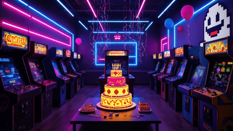A hyperrealistic interior of a dimly lit arcade birthday party, showcasing vibrant neon-lit arcade cabinets, a centerpiece gaming lounge, glowing pixel art birthday cake, and dynamic photo booth, all enhanced by atmospheric haze and geometric LED patterns.