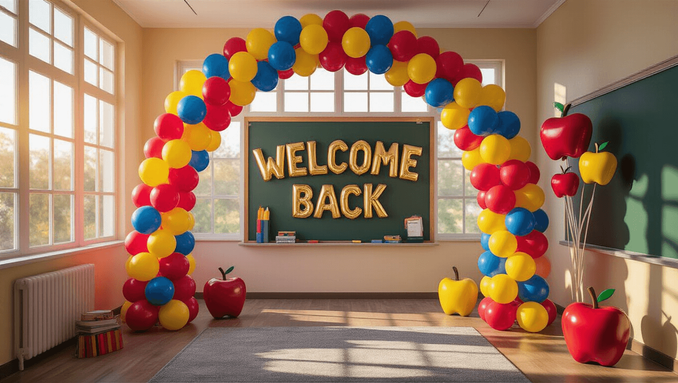 A vibrant elementary school classroom decorated for a back-to-school celebration, featuring a balloon arch in primary colors, floating "Welcome Back" letter balloons, whimsical balloon sculptures, and warm morning light filtering through large windows.