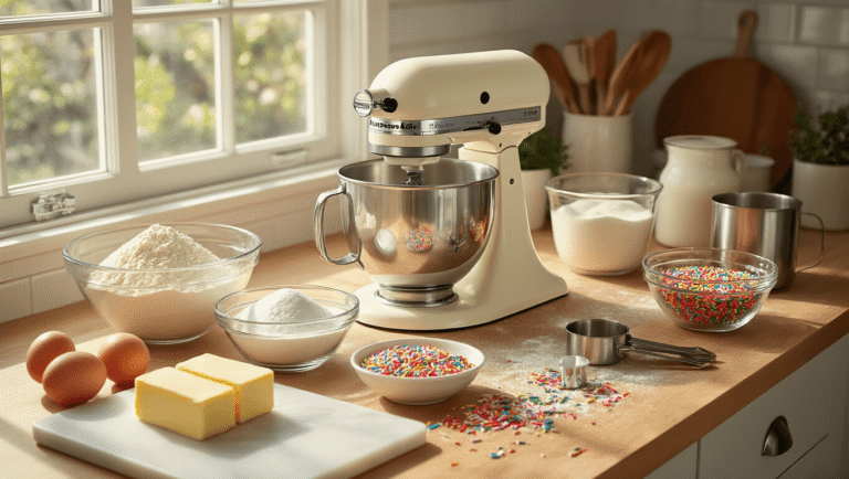 Hyperrealistic photograph of a sunlit kitchen counter with a cream KitchenAid mixer, neatly arranged baking ingredients including flour, sugar, sprinkles, eggs, and butter, showcasing a professional baking setup in warm colors and soft shadows.