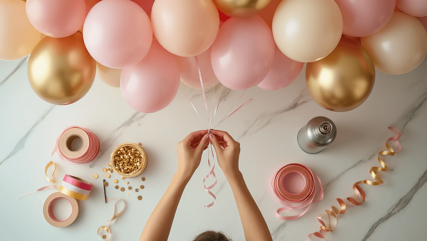 Cinematic overhead shot of a decorator installing blush pink, cream, and metallic gold balloons to the ceiling, featuring a helium tank and organized tools on a white marble surface, captured in warm golden hour light.
