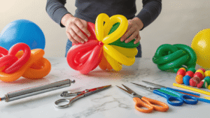 A well-lit balloon twisting workshop showcasing colorful 260Q balloons with skilled hands demonstrating techniques, surrounded by tools and finished sculptures like a dog, flower, and giraffe on a marble workspace.