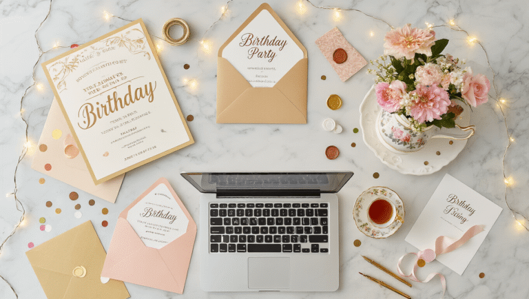 Flat-lay photograph of a birthday party invitation design workspace featuring a marble desk with invitation samples, a laptop displaying design software, pastel cardstock, gold calligraphy pens, wax seals, and flowers in a vintage teacup, all illuminated by fairy lights.