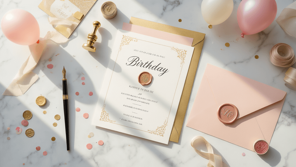 Cinematic overhead view of an elegant birthday invitation crafting station on a marble desk, featuring luxury cardstock in blush pink and gold foil, a vintage fountain pen, ornate wax seal stamp, scattered birthday-themed decorations, and various calligraphy tools, all softly illuminated by natural light.