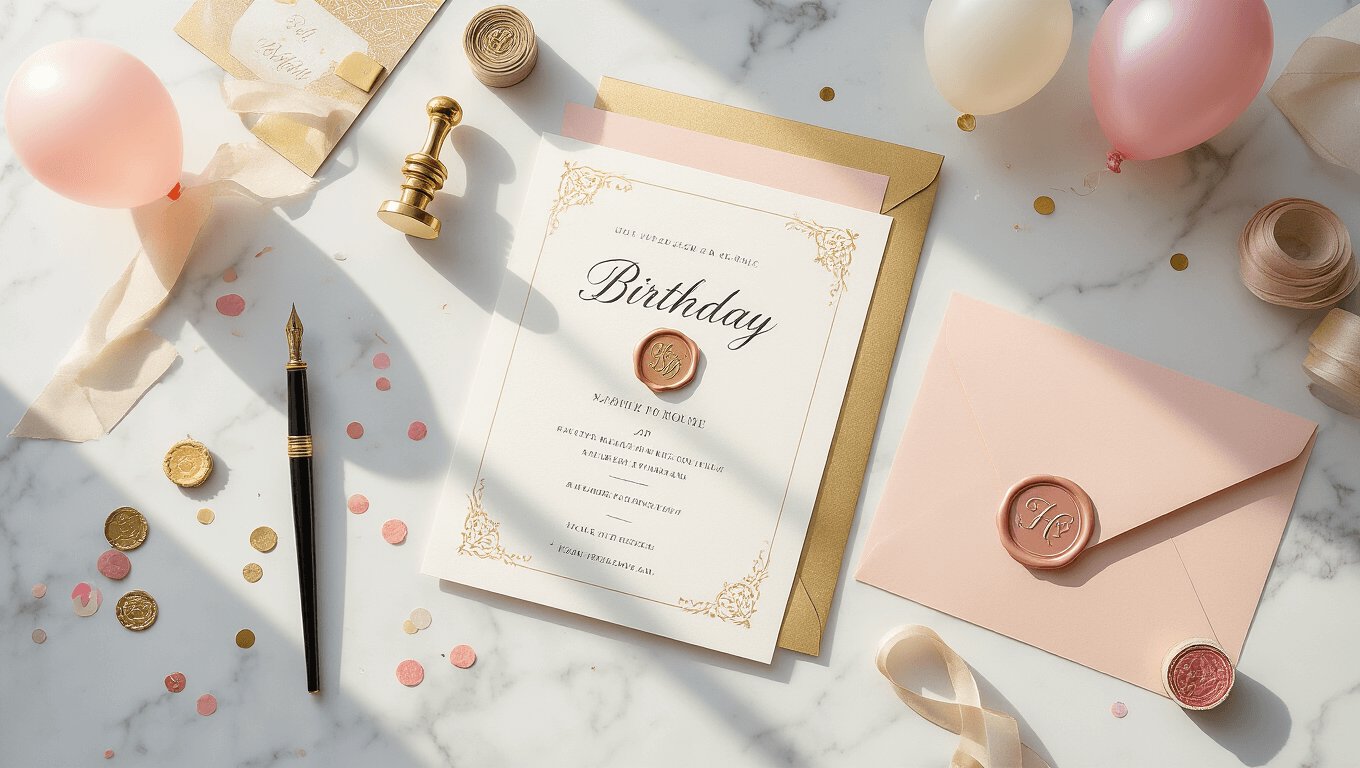 Cinematic overhead view of an elegant birthday invitation crafting station on a marble desk, featuring luxury cardstock in blush pink and gold foil, a vintage fountain pen, ornate wax seal stamp, scattered birthday-themed decorations, and various calligraphy tools, all softly illuminated by natural light.