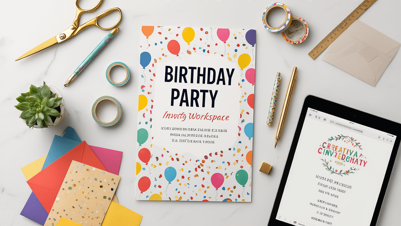 Overhead view of a birthday party invitation design workspace on white marble, featuring colorful invitation templates, high-end design tools, vibrant cardstock, calligraphy pens, a tablet with Canva, printed samples, washi tape, premium envelopes, and a potted succulent, all illuminated by soft natural lighting.
