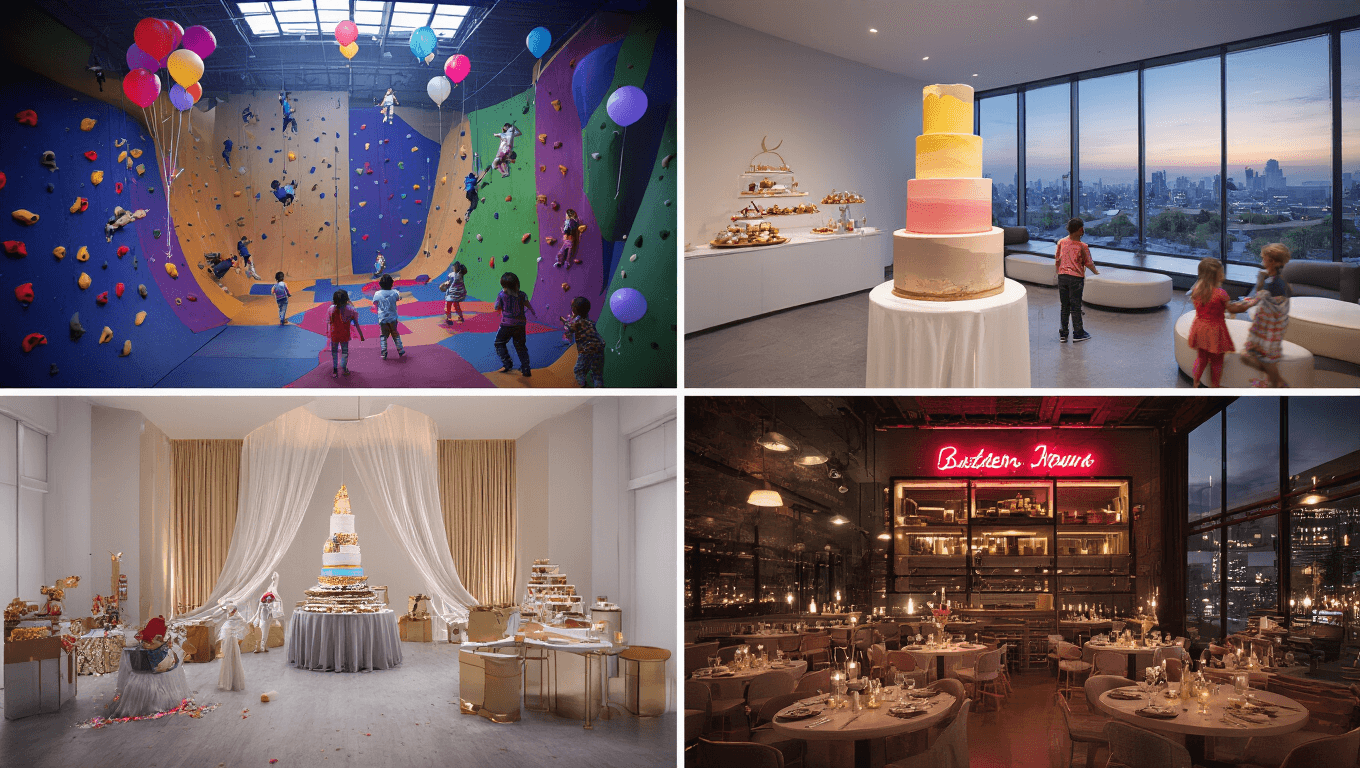 A vibrant collage of a birthday party featuring four distinct celebration spaces: an indoor adventure park with climbing walls and balloons, a minimalist studio with an elegant dessert table, a modern restaurant with neon signage at dusk, and an enchanted garden picnic during golden hour, all showcasing rich colors and hyperrealistic detail.