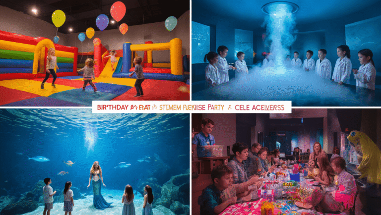 A vibrant collage of four birthday party venues: an indoor play center with colorful inflatables, a science museum party with children in lab coats, an aquarium with a mermaid performer, and a twilight amusement park scene, all beautifully captured in warm lighting with a golden hour color grade.
