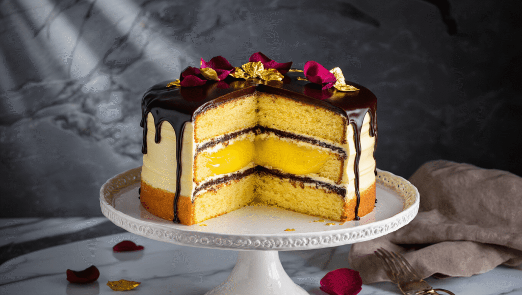 Overhead view of a three-layered Boston Cream Cake on a white ceramic stand, featuring glossy chocolate ganache, rich yellow custard filling, and rose petals on a dark marble surface, with dramatic lighting and a vintage silver cake server nearby.