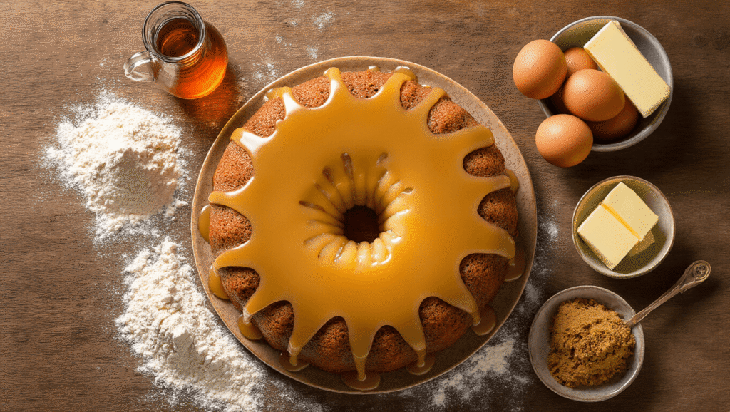 Cinematic overhead shot of a rustic wooden table featuring a golden brown butter maple birthday cake with amber glaze, surrounded by flour, maple syrup, brown sugar, fresh eggs, butter, cinnamon, colorful sprinkles, lit candles, and a wooden spatula, all in soft natural lighting.