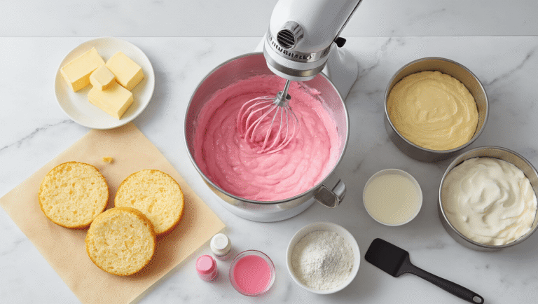 Photorealistic overhead view of a professional baking setup with vibrant pink cake batter in a stainless steel mixer bowl, surrounded by cake pans, ingredients, and baking tools, with a finished ombre pink cake in the background.