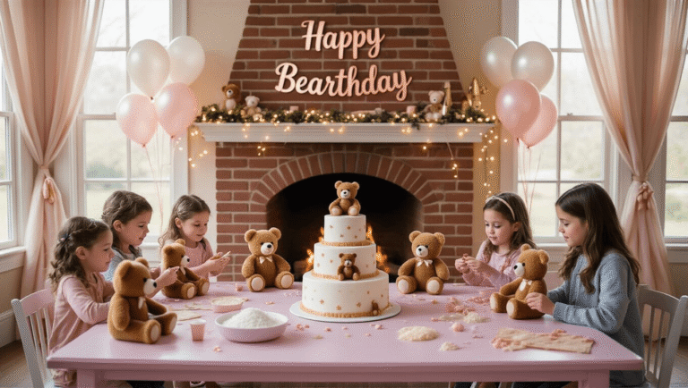 A vibrant indoor birthday party scene featuring children crafting plush bears at pastel-decorated tables, with natural light illuminating the space, a grand fireplace adorned with a "Happy Bearthday" banner, and a beautifully designed 3-tier cake surrounded by pearl balloons and blush pink drapery.