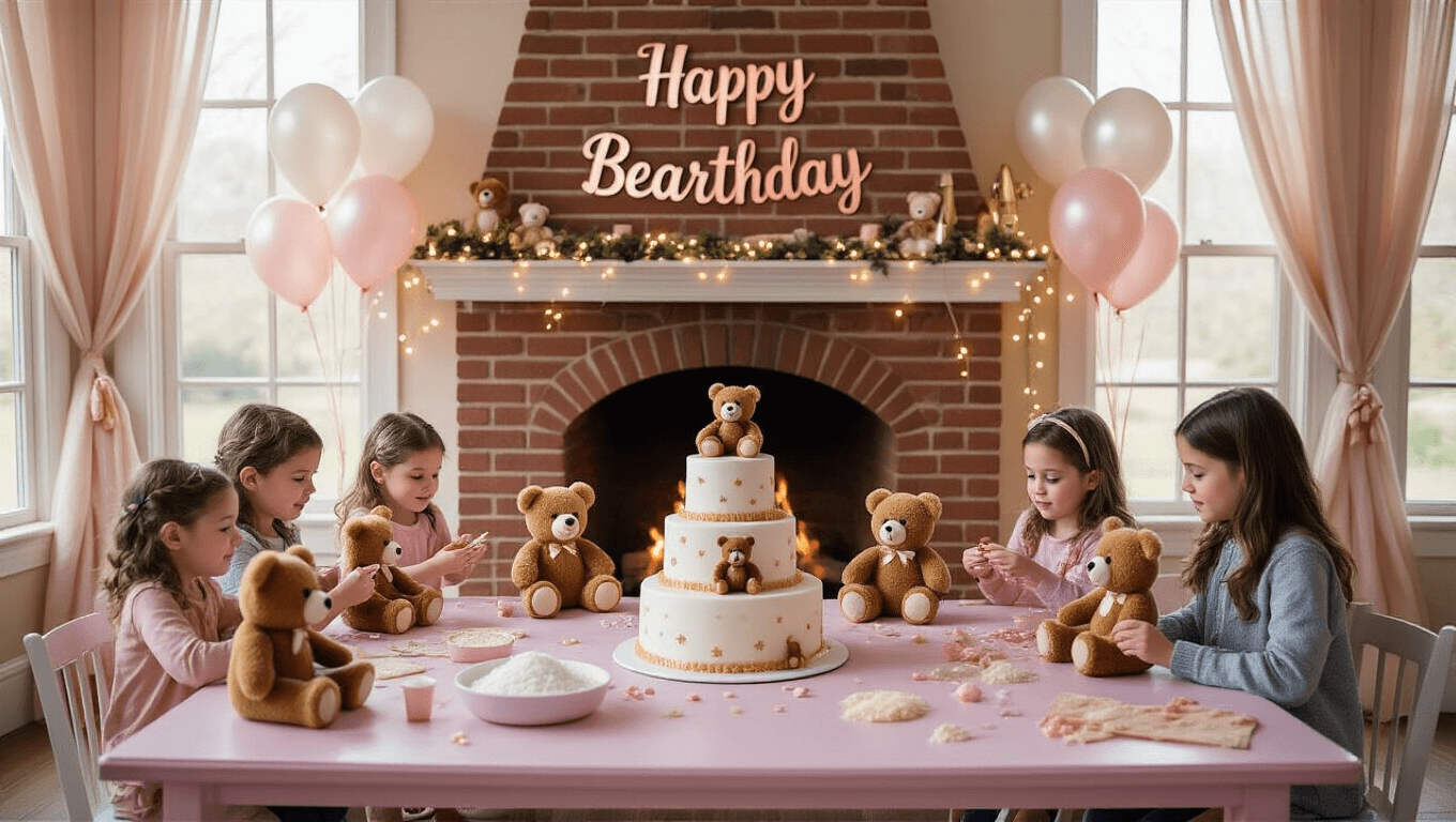 A vibrant indoor birthday party scene featuring children crafting plush bears at pastel-decorated tables, with natural light illuminating the space, a grand fireplace adorned with a "Happy Bearthday" banner, and a beautifully designed 3-tier cake surrounded by pearl balloons and blush pink drapery.
