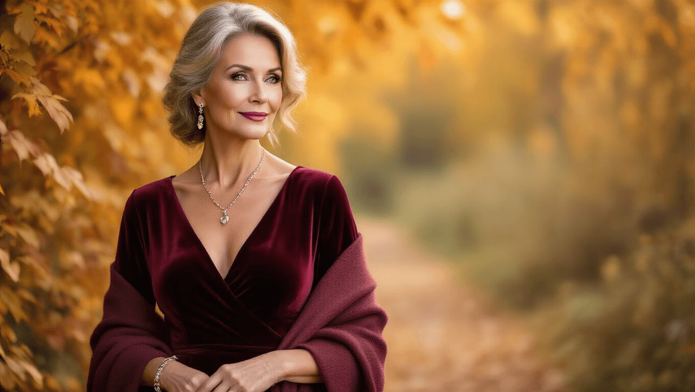A sophisticated woman over 50 in a deep burgundy velvet midi dress, surrounded by warm autumn foliage in golden and amber tones, styled with delicate jewelry and a cashmere wrap, exuding elegance in soft natural lighting.