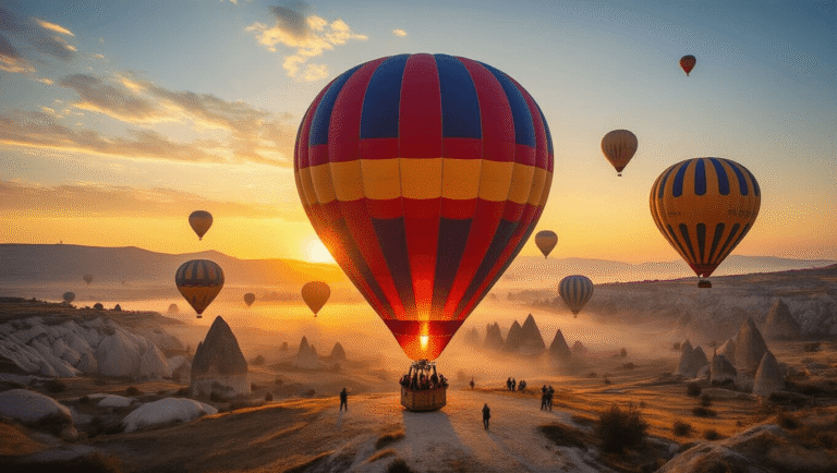 A wide-angle photograph of vibrant hot air balloons launching at sunrise in Cappadocia, with golden hour light illuminating fairy chimneys and rock formations, featuring a large mid-inflation balloon in rich jewel tones, a wicker basket with excited passengers, and crew members tending to a propane burner against a pastel sky.
