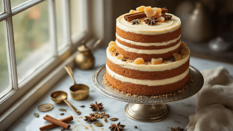 A three-tiered chai spice cake on a silver stand, adorned with whole spices and crystallized ginger, set against a warm, sunlit backdrop with vintage measuring spoons and a cup of chai.