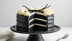 A dramatic charcoal black layer cake with swirled white vanilla cream frosting, adorned with silver leaf accents and fresh vanilla beans, presented on a matte black cake stand against a minimalist white background, captured in ultra high resolution with soft, cinematic lighting.
