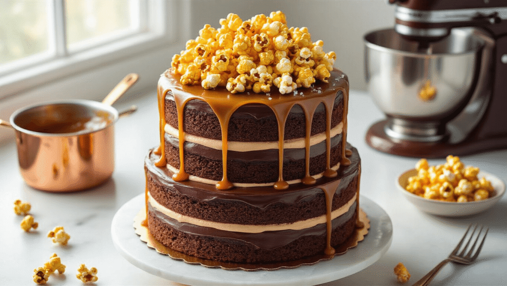 A three-layer chocolate cake on a marble surface, adorned with golden caramel popcorn and drizzled caramel, against a backdrop of professional baking equipment in soft natural light.