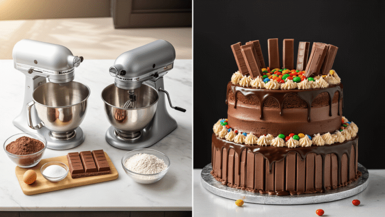 Cinematic split image featuring a baking scene on the left with a KitchenAid mixer and ingredients, and a completed three-tier chocolate cake on the right, decorated with Kit Kat bars and Reese's cups against a dark background.