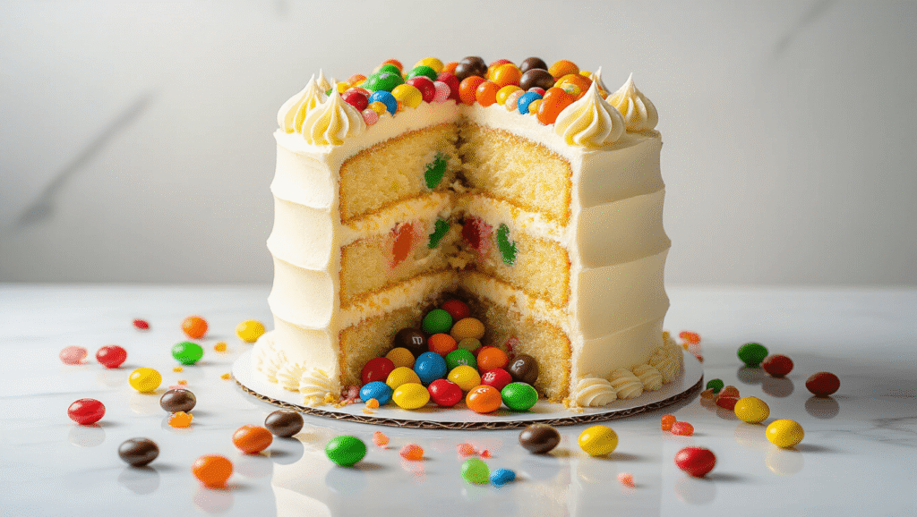 Cinematic close-up of a four-layer vanilla cake with smooth buttercream frosting, cut to reveal a hidden cavity overflowing with colorful mini candies, set on a white marble surface with soft natural lighting and a warm kitchen atmosphere.