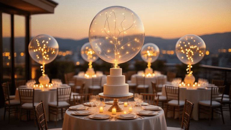 A luxurious rooftop terrace at golden hour adorned with clear balloons illuminated by LED lights, ivory silk table linens, and a three-tiered white cake on an ornate dessert cart, with city lights creating a soft bokeh in the background.