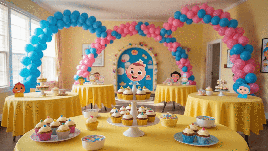 Cocomelon-themed birthday party setup in a vibrant living room, featuring yellow tablecloths, vanilla cupcakes with character toppers, colorful balloon arches, and a whimsical photo booth, bathed in warm morning light.