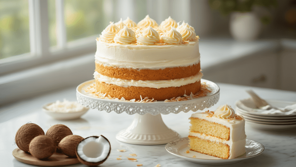 A three-layer coconut cream cake on an ornate white ceramic stand, showcasing pristine cream cheese frosting and toasted coconut flakes, with a slice removed revealing moist layers; surrounded by baking ingredients like eggs, butter, sugar, flour, and cream of coconut, all bathed in soft, natural light.