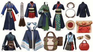 Cosplay character outfits with accessories displayed on a clean background.