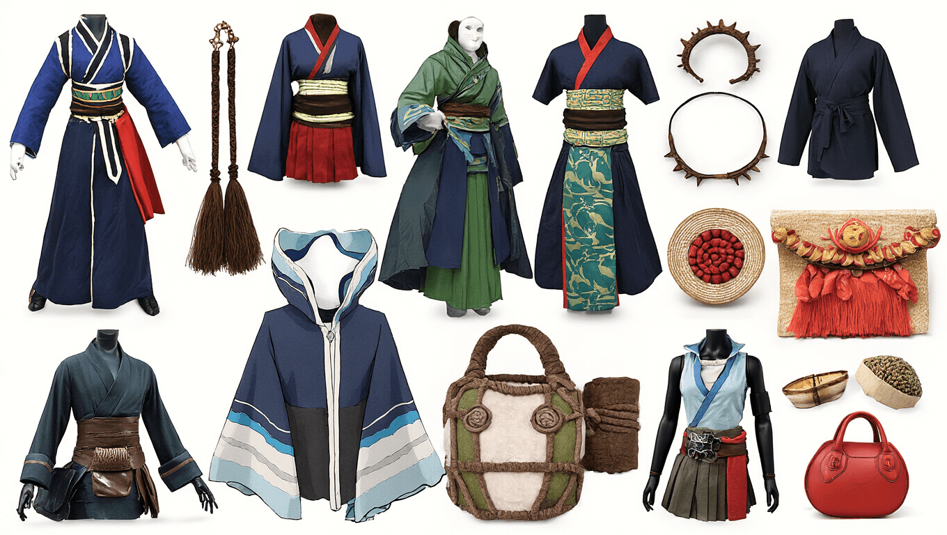 Cosplay character outfits with accessories displayed on a clean background.