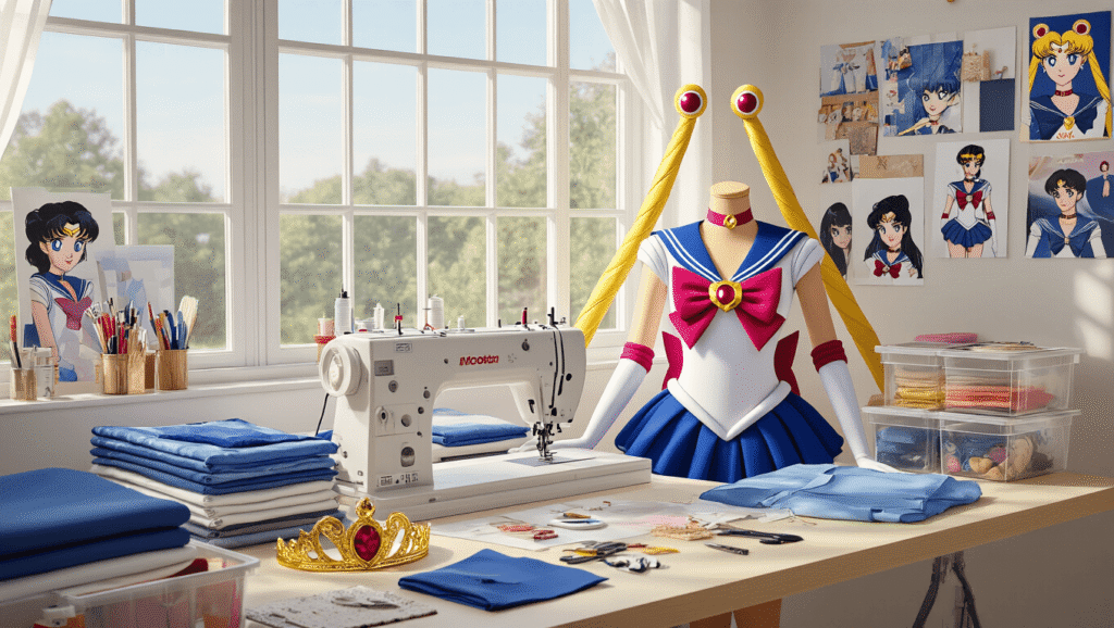 A bright craft room with large windows, featuring a professional sewing machine, organized blue and white fabric swatches, a partially completed Sailor Moon costume, a golden tiara, and transformation brooch. Mood boards and character reference photos adorn the walls, while clear containers hold neatly arranged crafting supplies and tools in a warm, inspiring atmosphere.