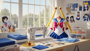 A bright craft room with large windows, featuring a professional sewing machine, organized blue and white fabric swatches, a partially completed Sailor Moon costume, a golden tiara, and transformation brooch. Mood boards and character reference photos adorn the walls, while clear containers hold neatly arranged crafting supplies and tools in a warm, inspiring atmosphere.