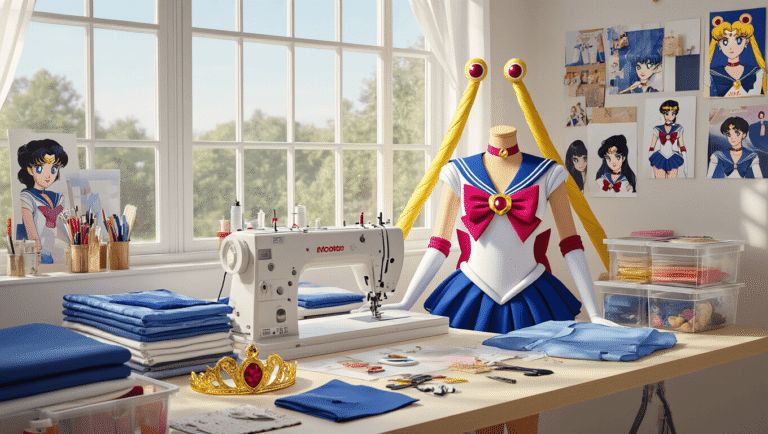 A bright craft room with large windows, featuring a professional sewing machine, organized blue and white fabric swatches, a partially completed Sailor Moon costume, a golden tiara, and transformation brooch. Mood boards and character reference photos adorn the walls, while clear containers hold neatly arranged crafting supplies and tools in a warm, inspiring atmosphere.