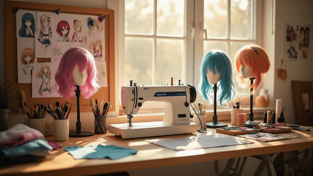 A bright and inviting cosplay workspace with a sewing machine, colorful wigs, and neatly arranged makeup tools on a wooden craft table, illuminated by natural sunlight.