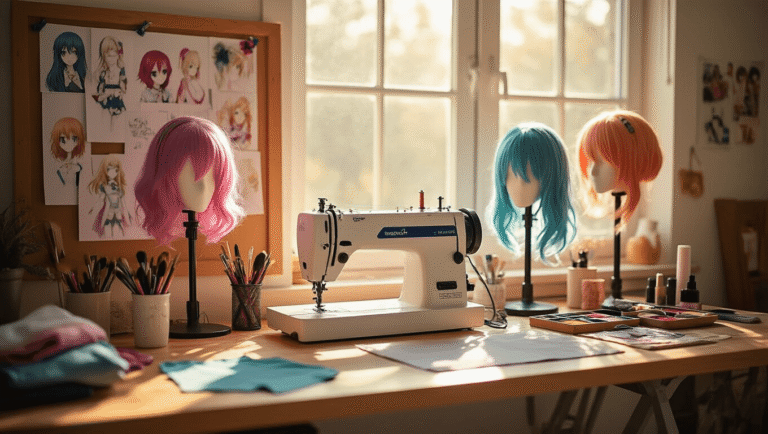 A bright and inviting cosplay workspace with a sewing machine, colorful wigs, and neatly arranged makeup tools on a wooden craft table, illuminated by natural sunlight.