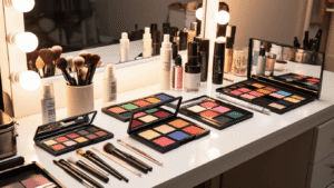 Professional makeup studio with high-end cosplay products, brushes, and palettes on a white vanity, illuminated by warm lighting and reflected in a mirror.