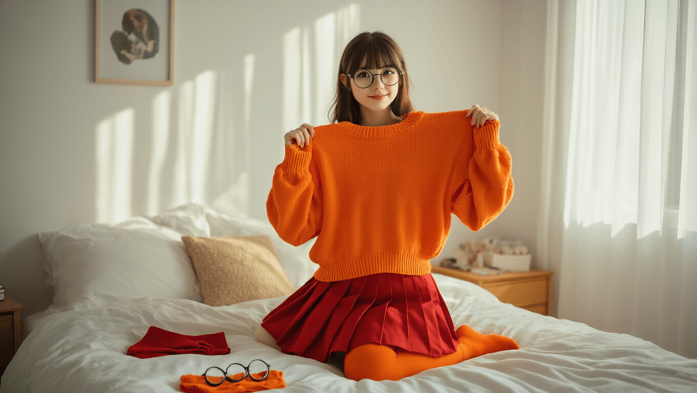 A young woman holds an orange sweater and red pleated skirt in a sunlit bedroom with white walls, surrounded by cosplay accessories on the bed, with warm light filtering through sheer curtains.