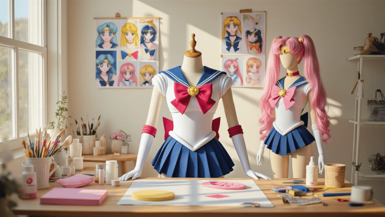 A bright and organized cosplay workspace featuring a crafting table with EVA foam, colorful paint supplies, and a half-finished Sailor Moon prop; a dress form displays a partially completed sailor uniform, surrounded by anime reference images on a mood board, with pastel-colored wigs on wig heads and neatly arranged sewing supplies.