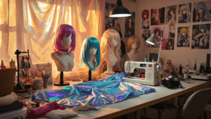 A bright and organized cosplay studio workspace with wigs on mannequins, sewing equipment, and colorful fabric on a cutting table, illuminated by warm light. Character reference photos adorn the walls, and a high-end camera sits nearby amidst various costume pieces.