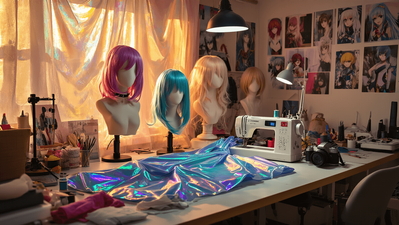 A bright and organized cosplay studio workspace with wigs on mannequins, sewing equipment, and colorful fabric on a cutting table, illuminated by warm light. Character reference photos adorn the walls, and a high-end camera sits nearby amidst various costume pieces.
