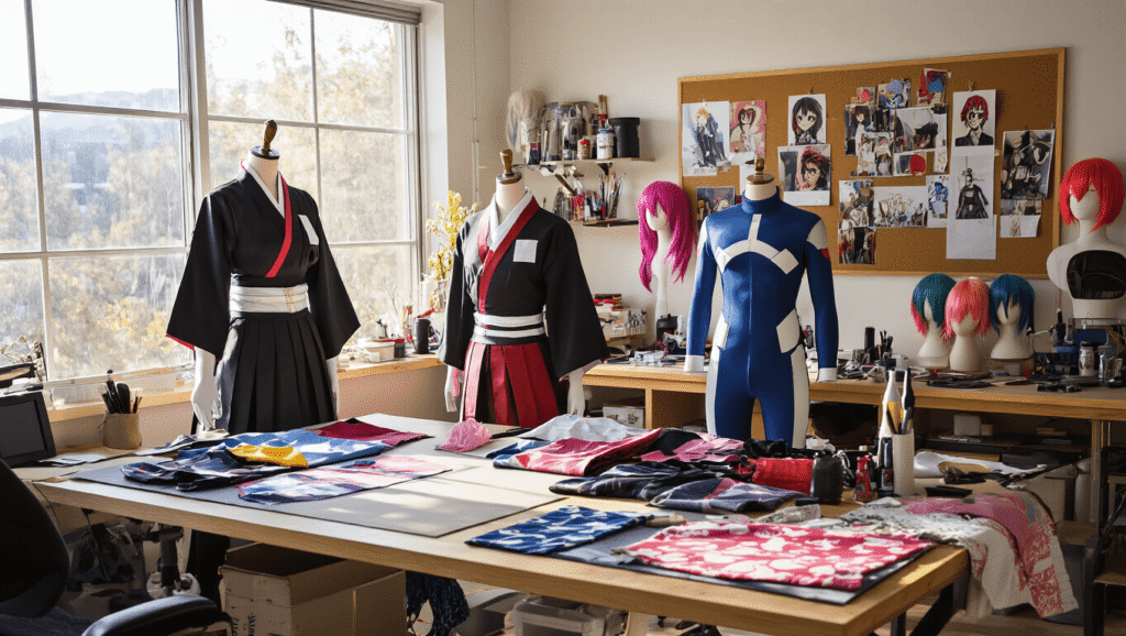 A bright cosplay workshop showcasing anime costumes, including a Demon Slayer uniform and My Hero Academia suit on dress forms, with a cluttered workbench of fabrics and sewing tools, and a styling station featuring colorful wigs and pinned reference photos.