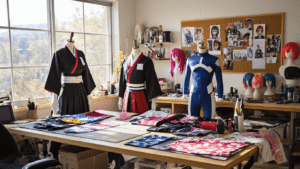 A bright cosplay workshop showcasing anime costumes, including a Demon Slayer uniform and My Hero Academia suit on dress forms, with a cluttered workbench of fabrics and sewing tools, and a styling station featuring colorful wigs and pinned reference photos.