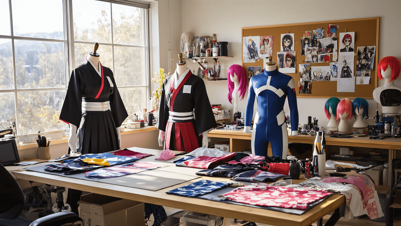 A bright cosplay workshop showcasing anime costumes, including a Demon Slayer uniform and My Hero Academia suit on dress forms, with a cluttered workbench of fabrics and sewing tools, and a styling station featuring colorful wigs and pinned reference photos.