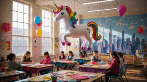 A whimsical elementary school classroom transformed into a parade workshop, with students creating colorful parade balloons, including a large floating unicorn with an iridescent mane, set against a hand-painted NYC skyline mural and illuminated by soft morning light.