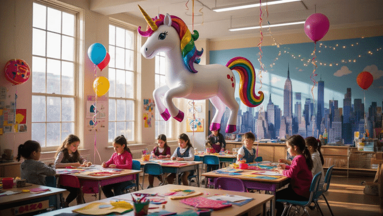 A whimsical elementary school classroom transformed into a parade workshop, with students creating colorful parade balloons, including a large floating unicorn with an iridescent mane, set against a hand-painted NYC skyline mural and illuminated by soft morning light.