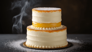Crème Brûlée Birthday Cake: A Showstopping Dessert Masterpiece Cinematic close-up of an elegant three-tiered white cake with crackled caramelized sugar, showcasing vanilla custard layers, under soft lighting in a professional kitchen setting.