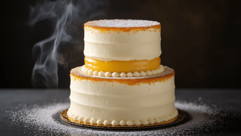 Cinematic close-up of an elegant three-tiered white cake with crackled caramelized sugar, showcasing vanilla custard layers, under soft lighting in a professional kitchen setting.