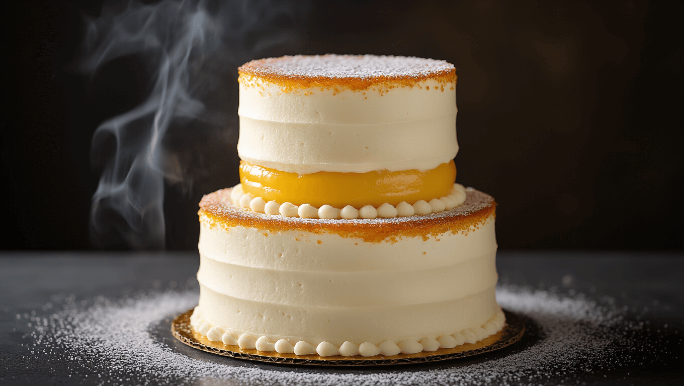 Cinematic close-up of an elegant three-tiered white cake with crackled caramelized sugar, showcasing vanilla custard layers, under soft lighting in a professional kitchen setting.