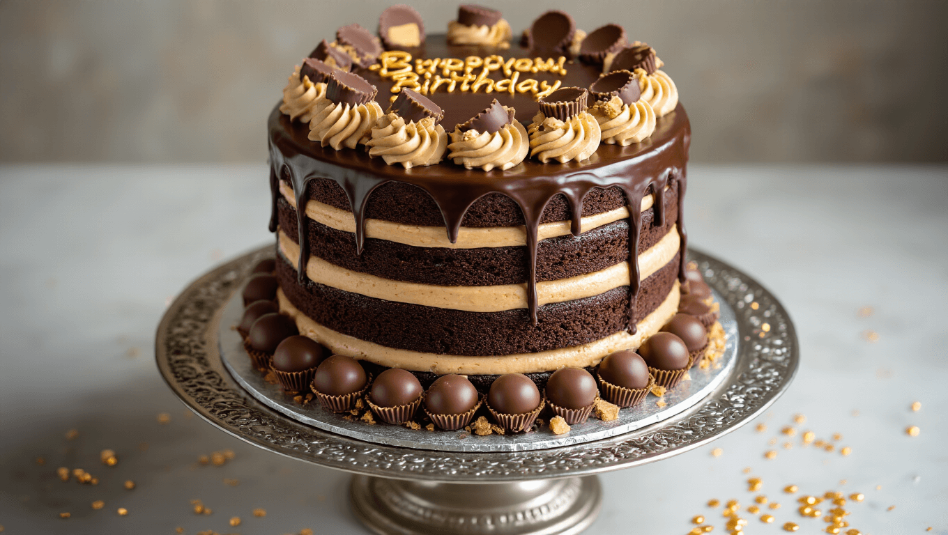 Three-layer chocolate birthday cake with peanut butter frosting, garnished with Reese's Peanut Butter Cups and glossy chocolate ganache, set on a silver cake stand against a dark marble background with warm lighting and soft bokeh.