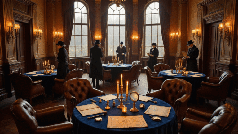 A beautifully decorated detective-themed birthday party in an elegant ballroom, featuring vintage props, warm lighting, and guests in period costumes engaged in puzzle-solving activities.