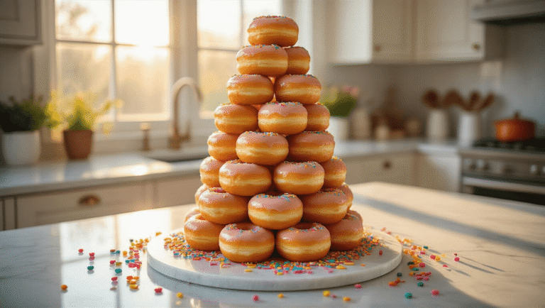 A cinematic overhead shot of an elaborate doughnut tower birthday cake on a white marble countertop, showcasing glazed mini doughnuts with colorful sprinkles, warm golden hour lighting, and a softly blurred kitchen background.